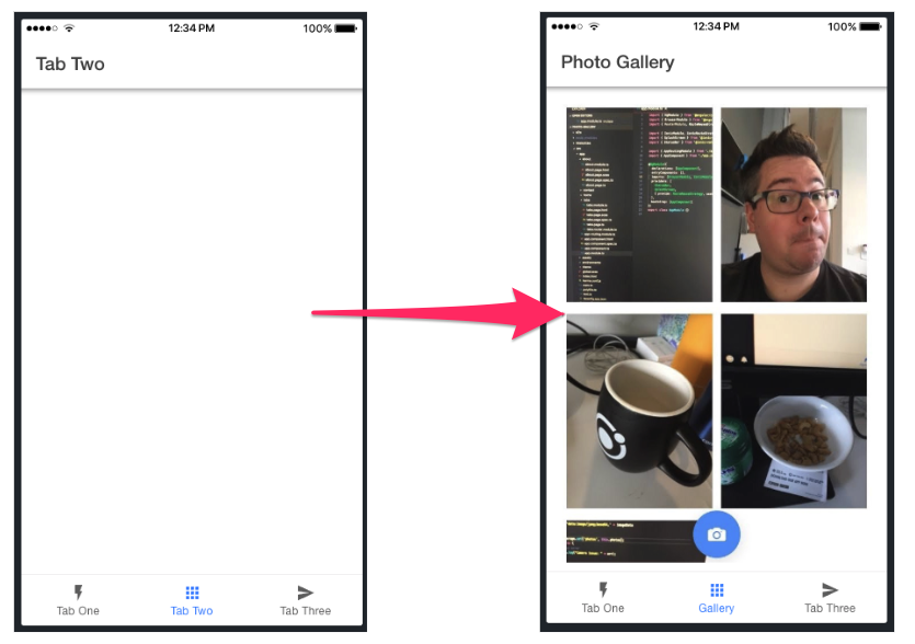Ionic App Before and After Photo Gallery An Ionic app's transformation from a blank 'Tab Two' to a 'Photo Gallery' with images.